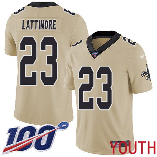 New Orleans Saints Limited Gold Youth Marshon Lattimore Jersey NFL Football #23 100th Season Inverted Legend Jersey->youth nfl jersey->Youth Jersey
